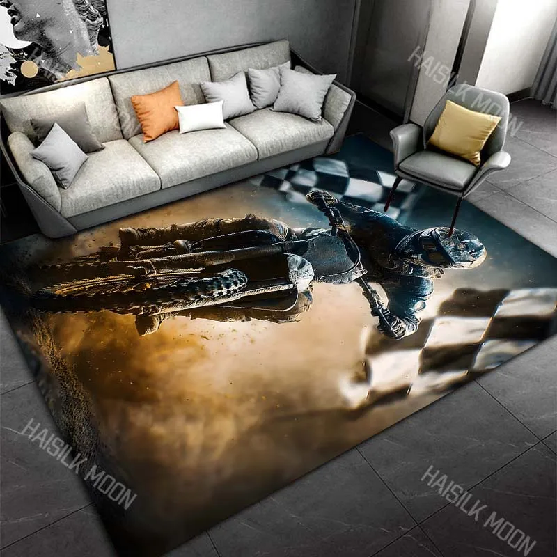 Motocross rider sprinting dust checkered flags Carpet for Living Room Bedroom Sofa Home Decor Rus Non-slip Floor Mat Luxury Gift