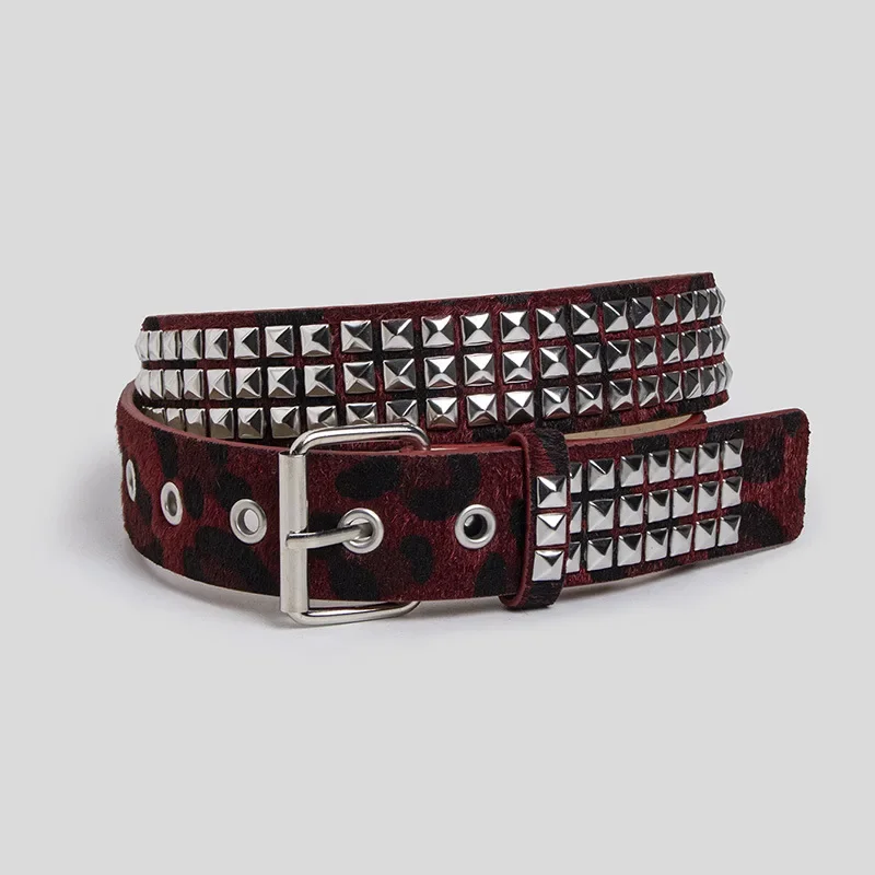Punk Pink Fur Rivets Belt Fashionable Horsehair Studded Y2K Leopard Print Belt Girdle Goth Retro Brown Pin Buckle Pu Waistband