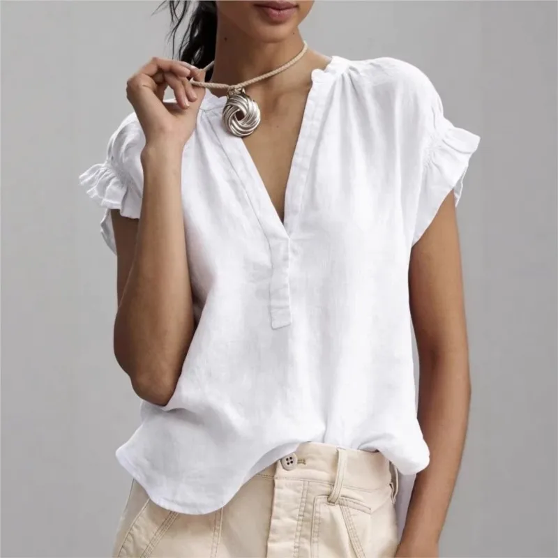 Women's Blouses 2026 Spring Summer New Style Bohemian Casual V-neck Short-sleeved Solid Cotton Linen Simple Tops Women Clothing