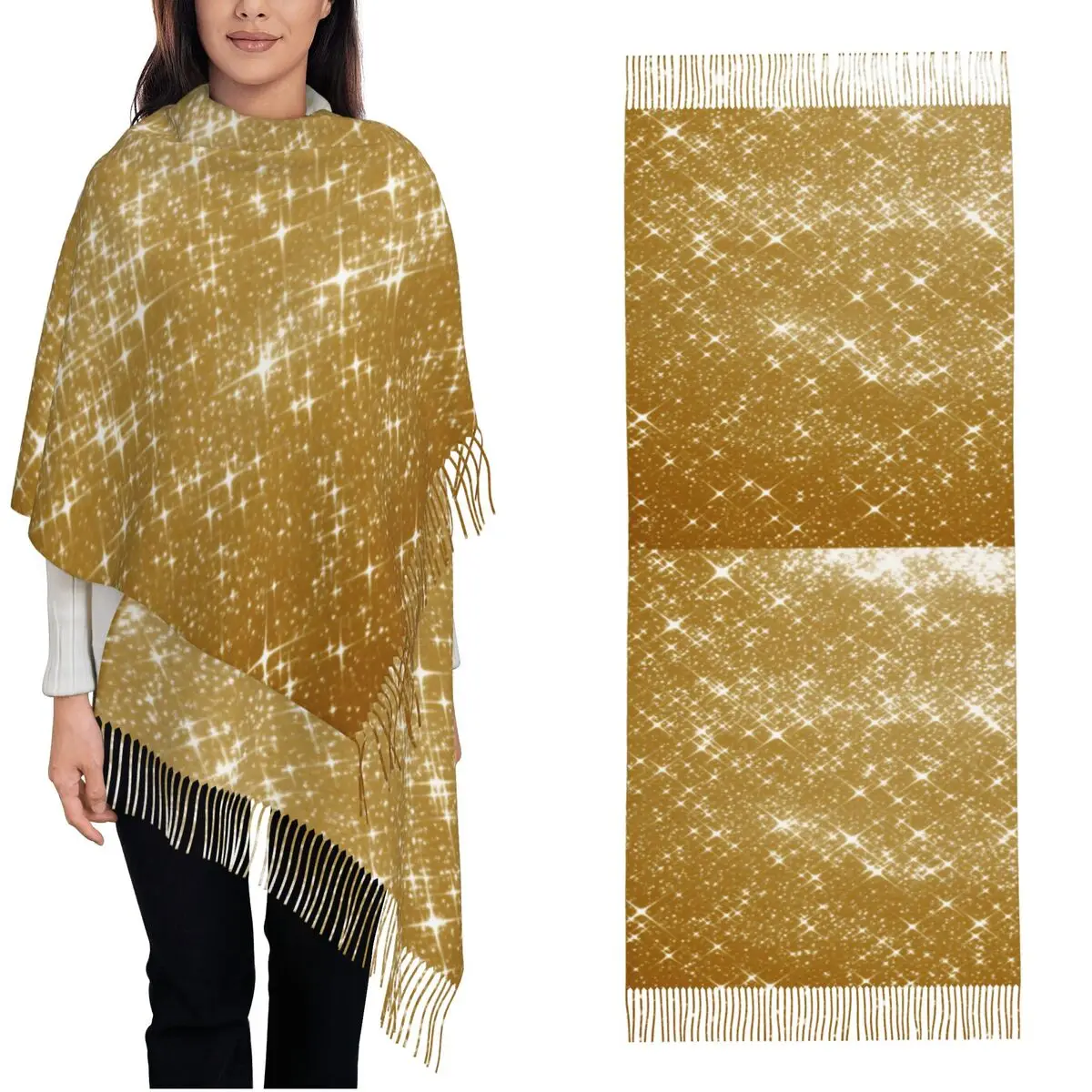 

Золотистый шарф с блестками, женские шарфы и накидки с кисточками, зимние ретро-шали и накидки, дизайнерские уличные шарфы-бахилы для женщин