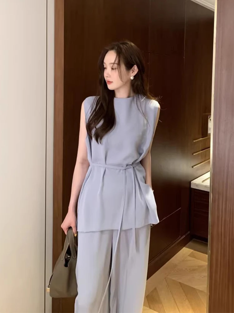 

Liangliang Retro Belted Svel High Waist Slim Wide Leg Casual Pants Two Piece Set Women's Summer Faion Outfit