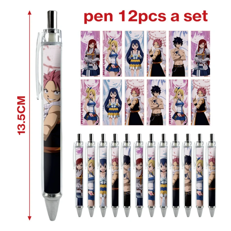 12PCS Natsu Dragneel Mirajane Strauss Aileen Bellserion Popular Anime Peripheral Ballpoint Pen Set Print Stationery Gel Pen