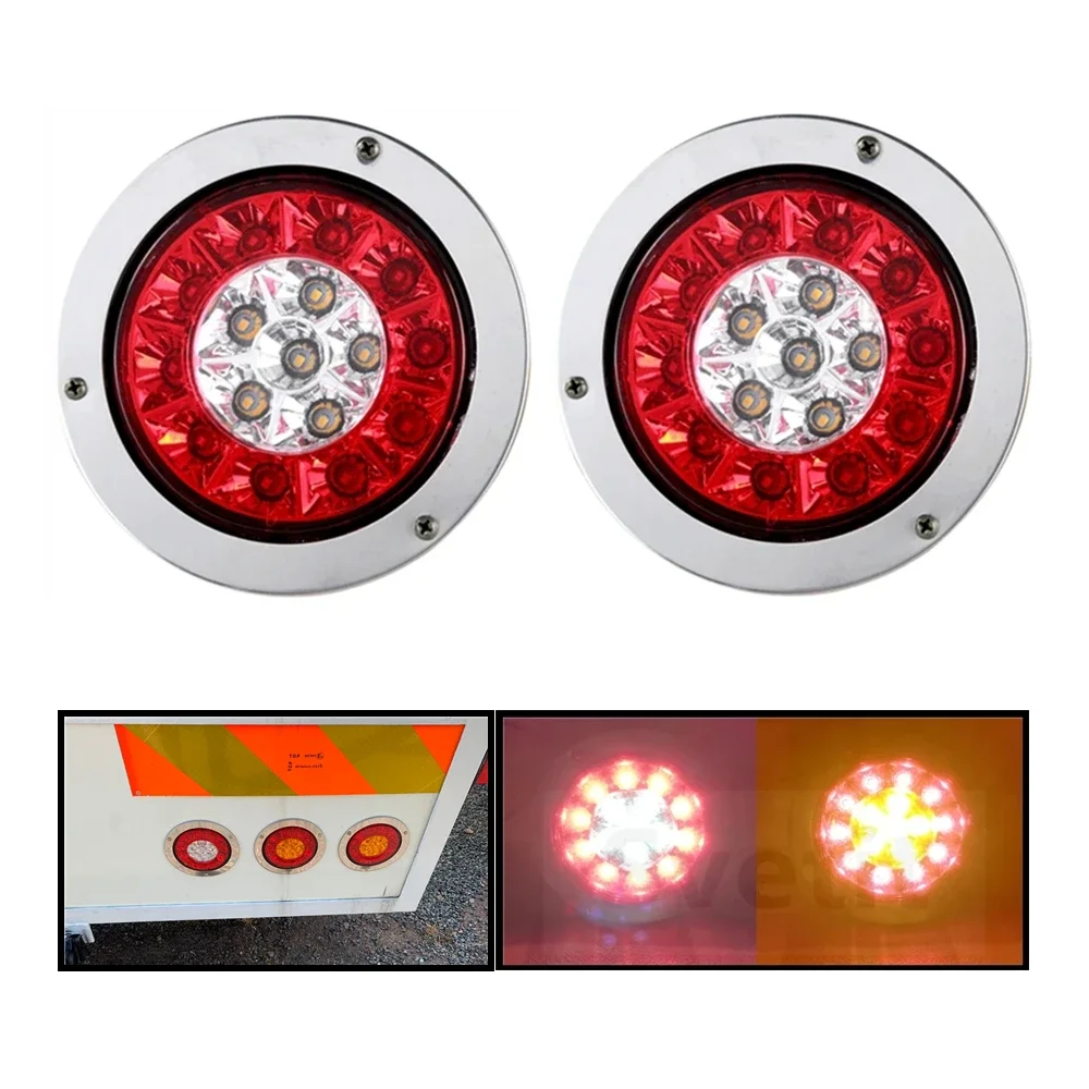 2Pieces LED Trailer Tail Lights 12V 24V Round Truck Taillight Van Caravan Rear Lights Position Brake Turn Signal Reverse Lamp
