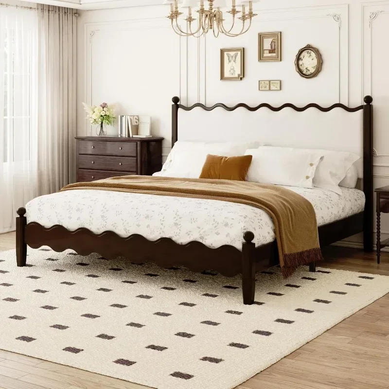 Wood BED Frame King with Vintage Wave Headboard, 48" Tall Leather Upholstered