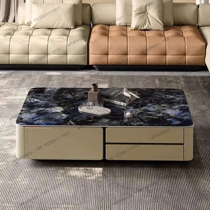 

Italian minimalist saddle leather coffee table living room household high-end light luxury stone slate rectangular coffee table