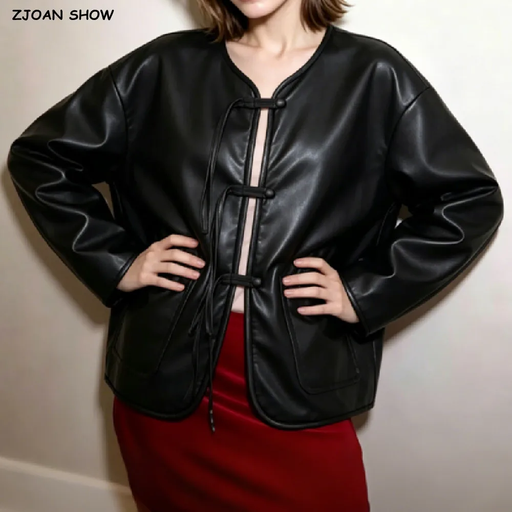Autumn Winter Women Chinese Style Vintage Black PU Leather Jacket Front Pockets Long Sleeve Tassel Buttons Coat Loose Outerwear