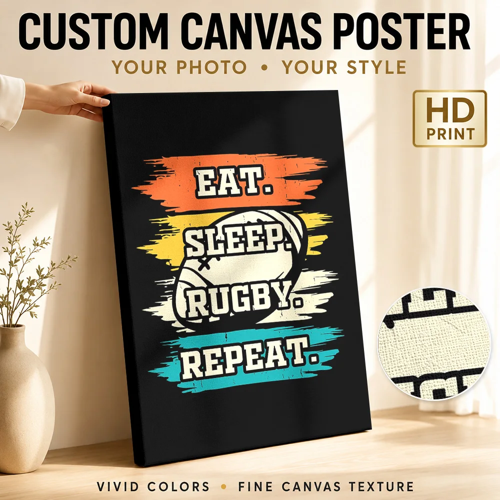 Eat Sleep Rugby Repeat Canvas Poster Personalized Photo Sports Portrait Canvas Wall Art for Man Cave Decor Gift for Collectors