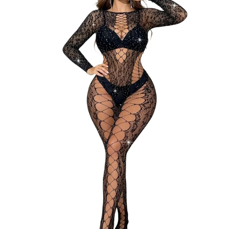 

Европейский и американский новый сексуальный комбинезон с леопардовым принтом, длинными рукавами, блестящим горячим тиснением и сетчатой нижней частью.