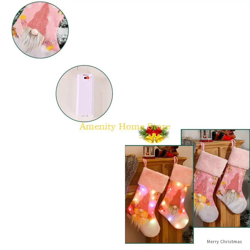 F26C Christmas Pink Faceless Gnome Stocking with Plush Cuff LED Lighted Gift Bag Hanging Ornament Candy Container Holder Sock