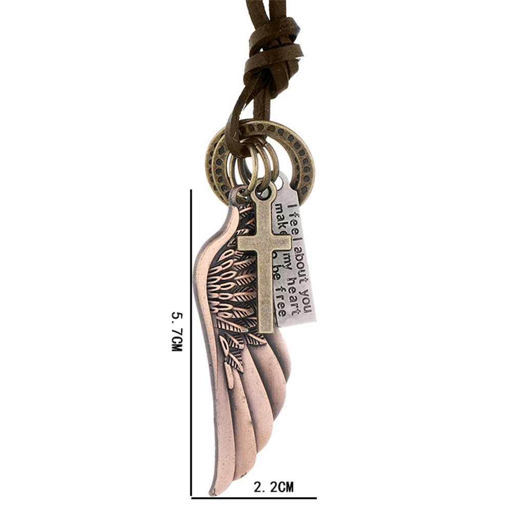 Vintage Angel Wings Necklace Cross Pendants Brown Leather Cord Neck Chain for Women Men Fashion Punk Jewelry