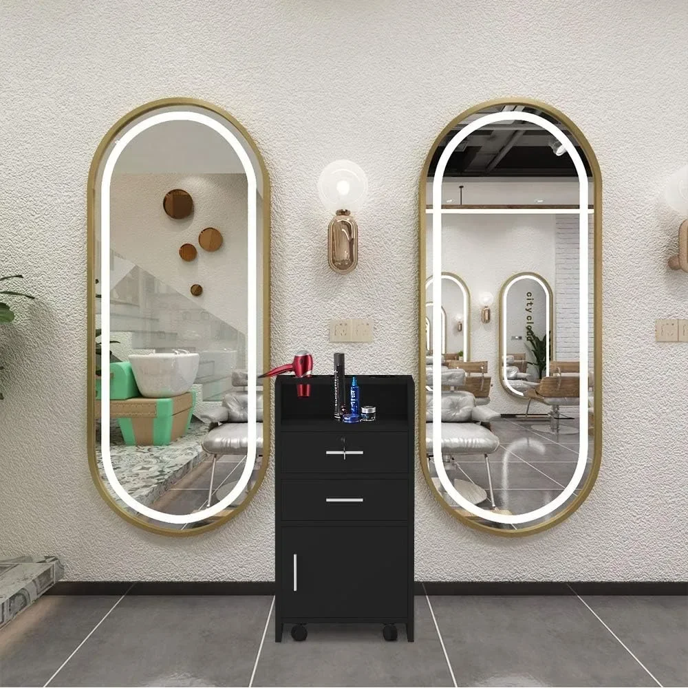 Modern Salon Station with Storage Drawers Rolling Styling Station Hair Salon Cabinet Trolley Lockable Stylist Tool Organizer