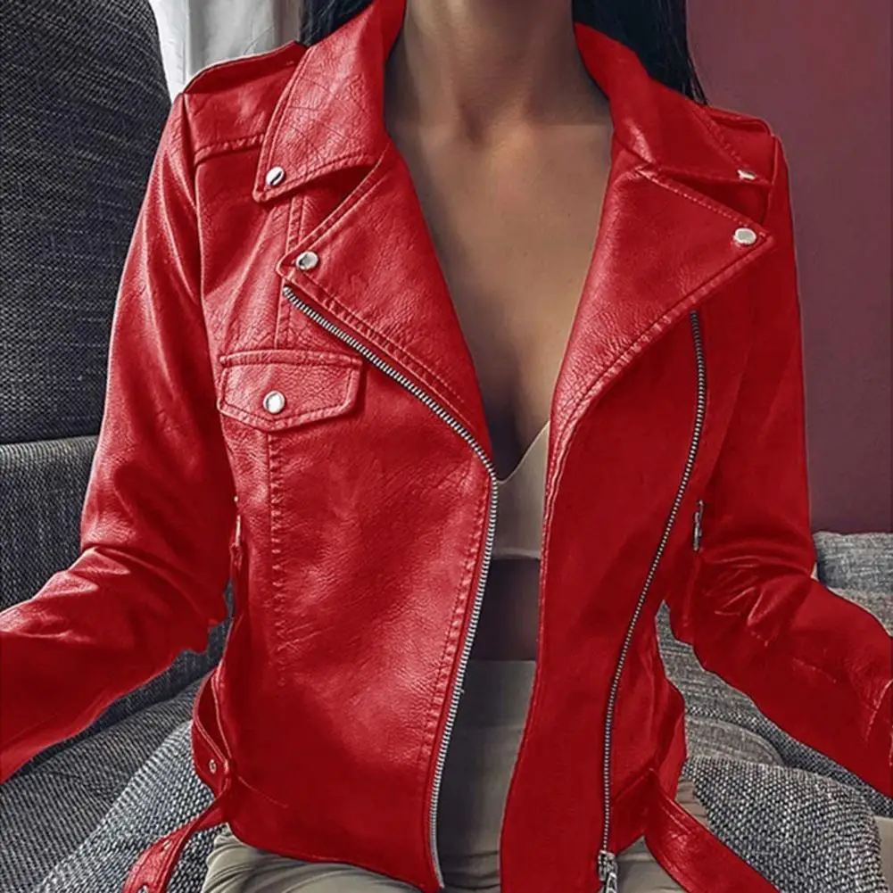 Veste de moto en similicuir pour femme, manteau court, col rabattu, manches longues, cardigan à fermeture éclair, coupe couvertes décontractée, streetwear