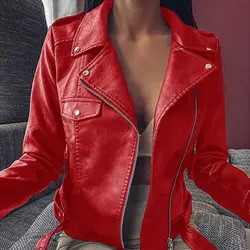 Women Short Coat Turn-down Collar Motorcycle Jacket Long Sleeves Zipper Cardigan Casual Slim Fit Faux Leather Jacket Streetwear