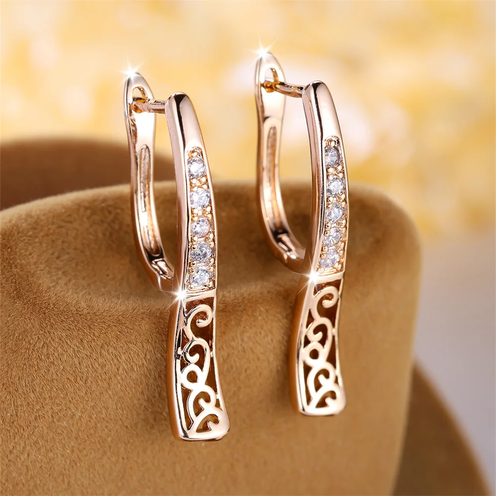 White Zircon Geometric Hollow Tassel Hoop Earrings For Women Vintage Gold Color Ear Buckle Wedding Jewelry Engagement Party Gift