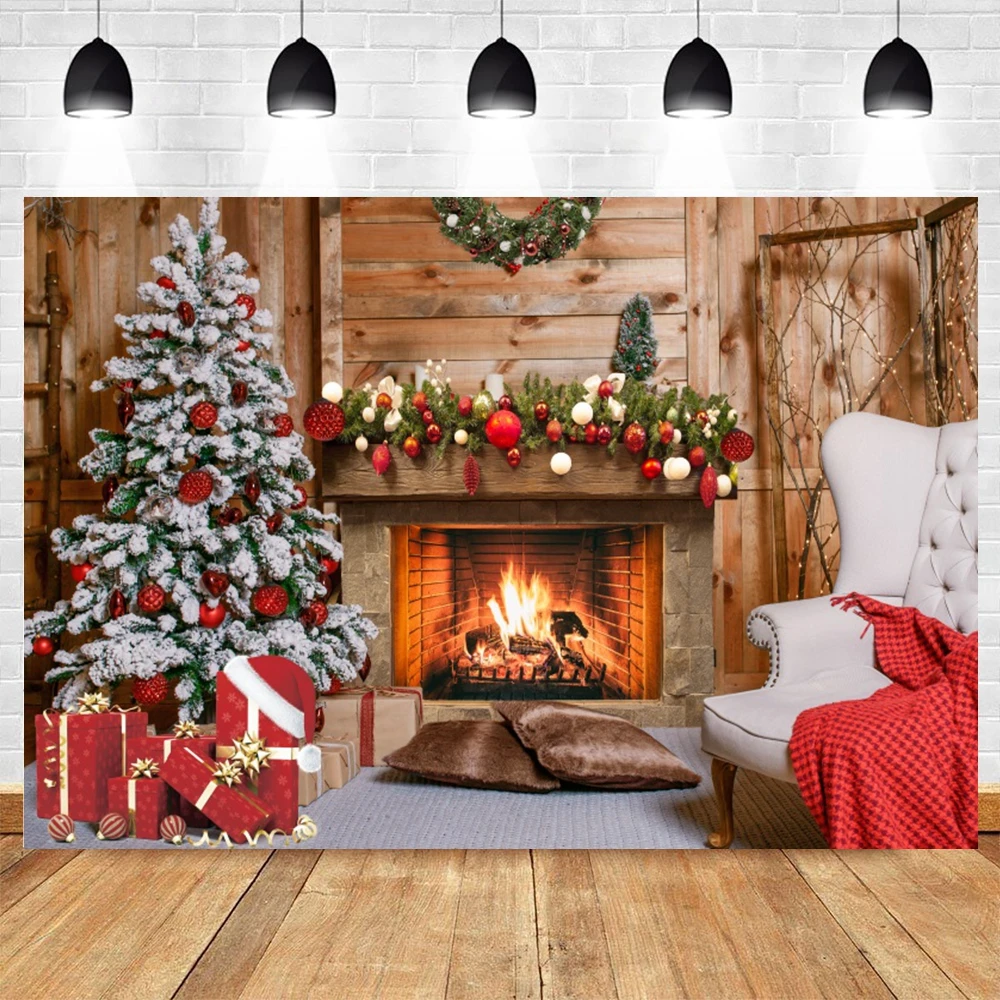 Christmas Backdrop Christmas Barn Wood Door Photography Backdrop Xmas Tree Snow Gift Party Photo Background Family Holiday Decor