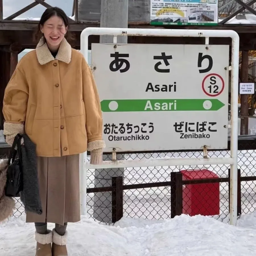 Studioboy Eco-vriendelijk bont en leer Jaet Warm Suède Lamsbontkraag Jas Vintage Sle Loose Fit Long Sve Dames Jaet