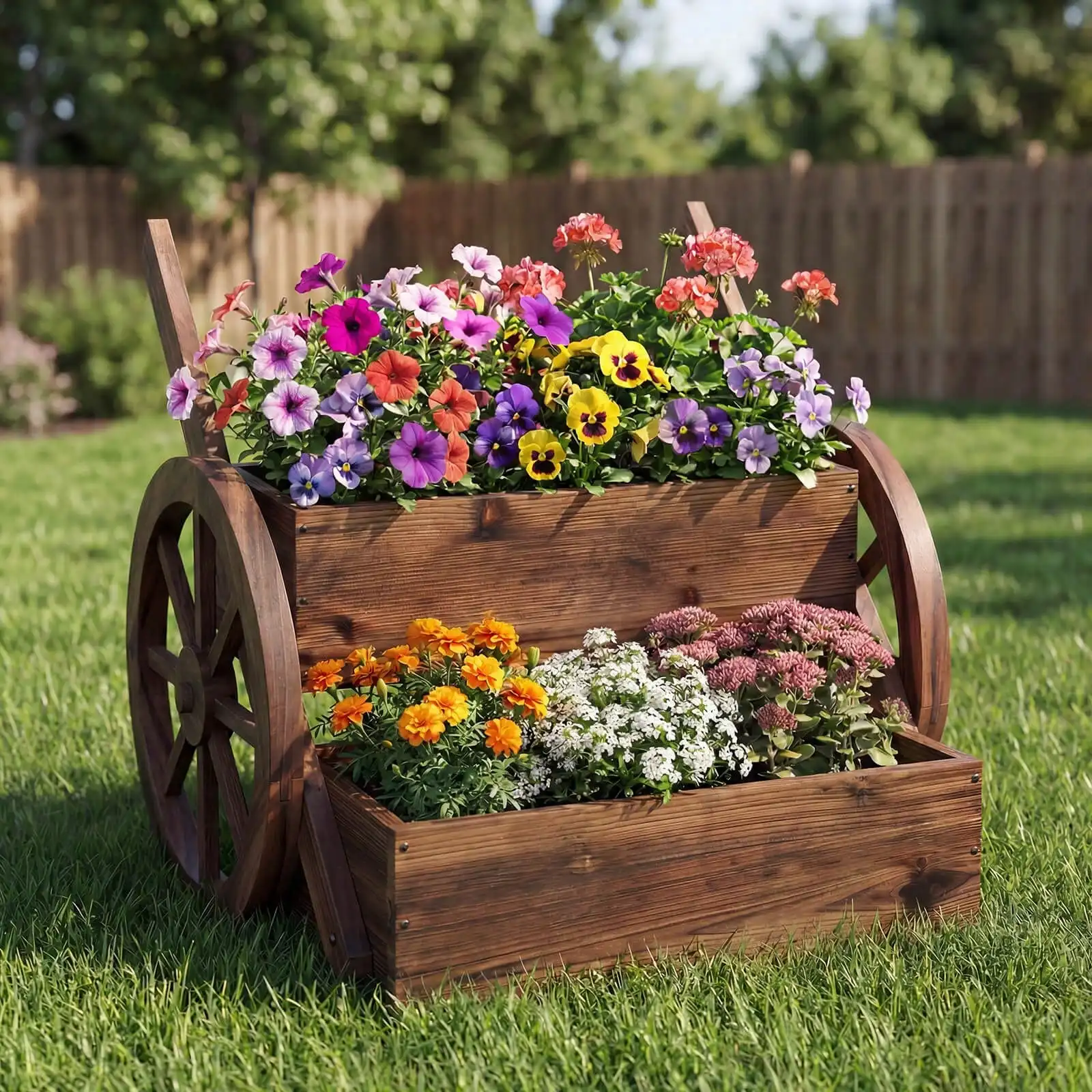 Rustic Wood Wagon Planter 2-Tier With Wheels Handles&Drainage For Patio Balcony