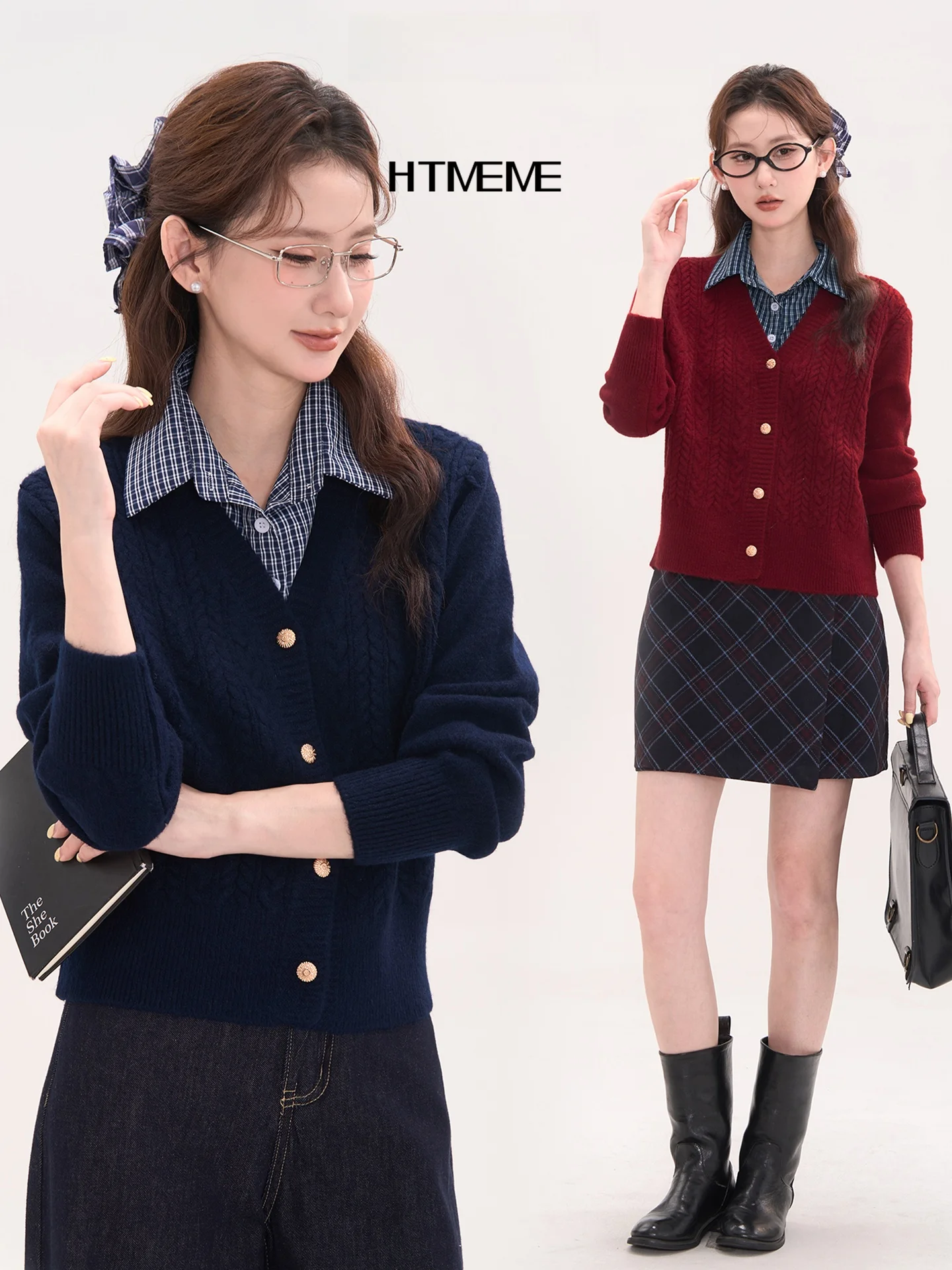 

Вязаный свитер женский в клетку с воротником-стойкой, с узором «косичка», осенне-зимний, теплый, с V-образным вырезом, удлиненный, прямого кроя, цельный