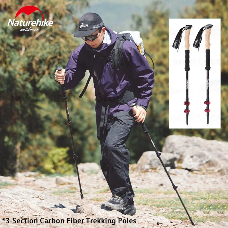 Naturehike Trekking Poles 3-Section Carbon Fiber Collapsible Telescopic Sticks Lightweight Walking Hiking Stick Climbing Stick