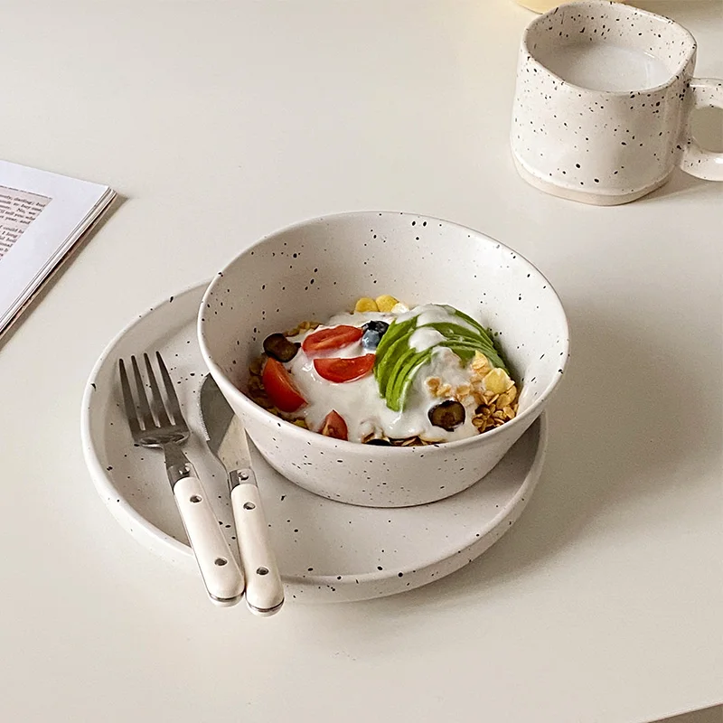 

Modern mat White Breakfast Bowl Mug Dining Utensils Set Calliaphy Ink Splatter Cerc Steak Plate Korean Sle
