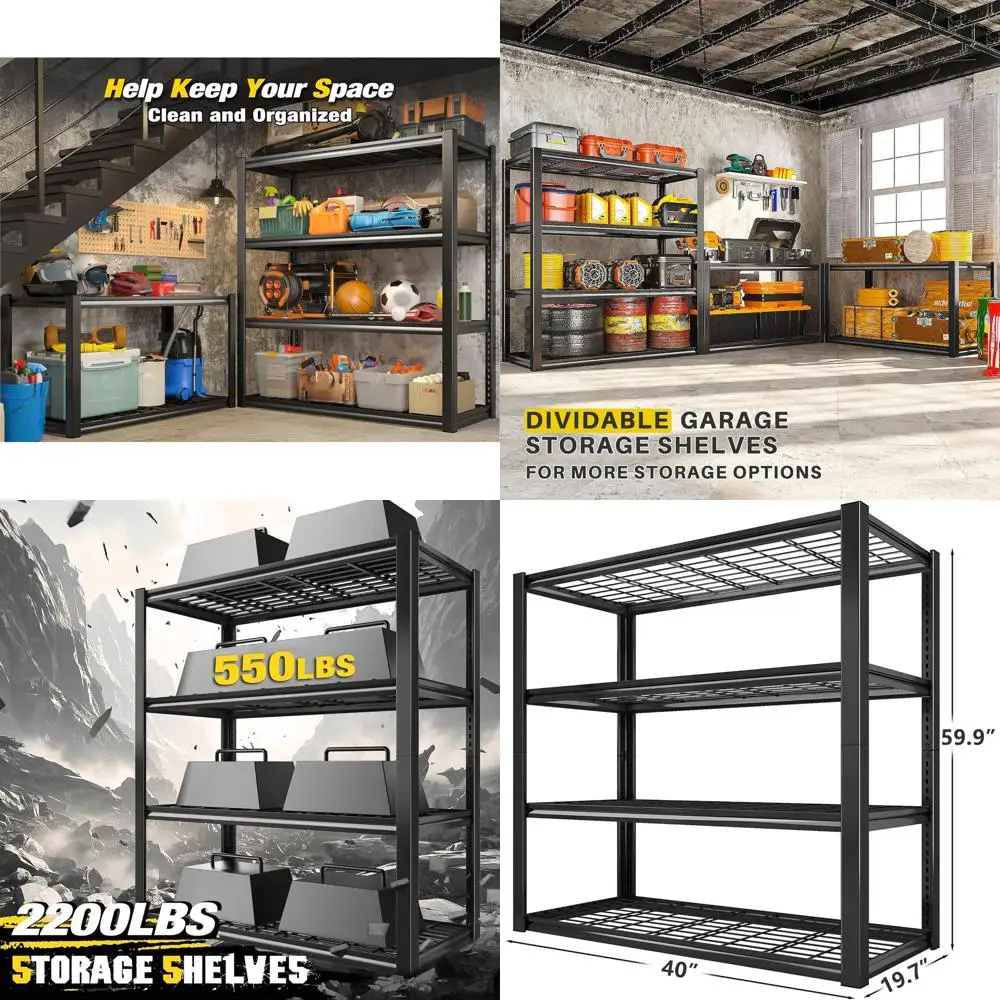 

40 Wide 4-Tier Heavy-Duty Metal Storage Shelves, 2200 lbs Capacity, Ideal for Garage, Warehouse, Kitchen