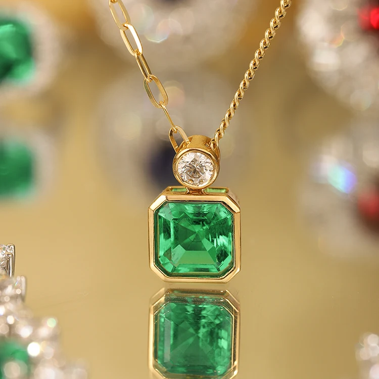 18k Solid Gold Necklaces for Women Au750 Lab Grown Emerald Pendant Necklace Vintage Classic Design envio gratis todo