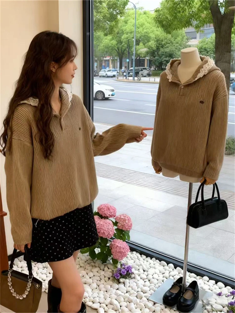 

Korean Sle College Faion Hooded Knitwear Trendy Women's Spring New Design Sensation Sweater Comfortable Medium Softn