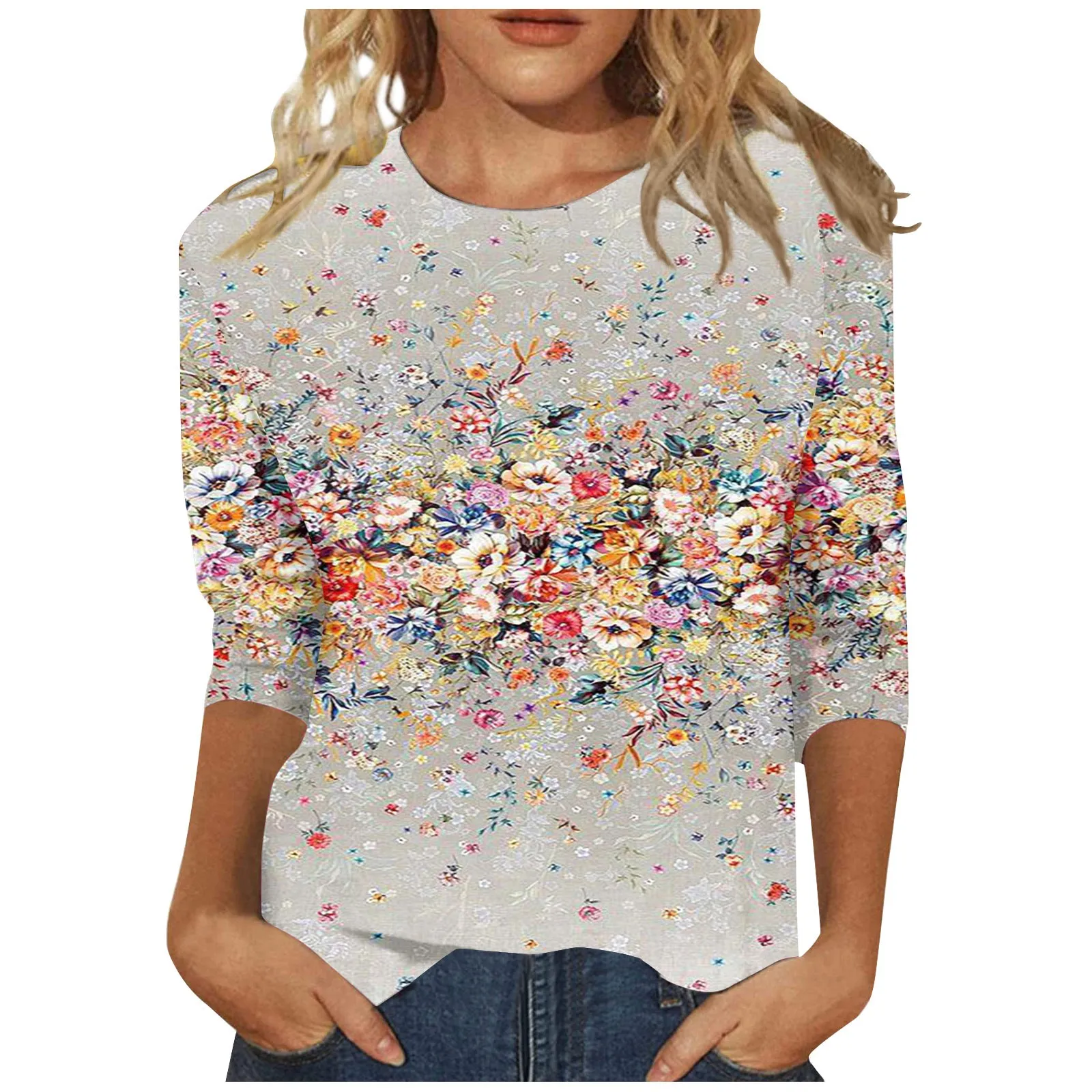 3/4 Sleeve Shirts For Women Cute Print Graphic Tees Blouses Casual Plus Size Basic Tops Pullover