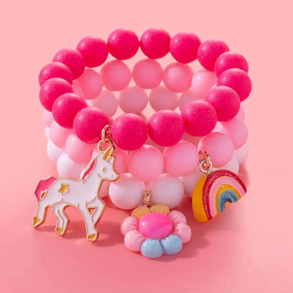 Dopamine Unicorn Rainbow Flower Charm Bracelet For Girls Sweet Multicolor Bead Bracelet 3 PCS Colorful Cute Bracelet Sets