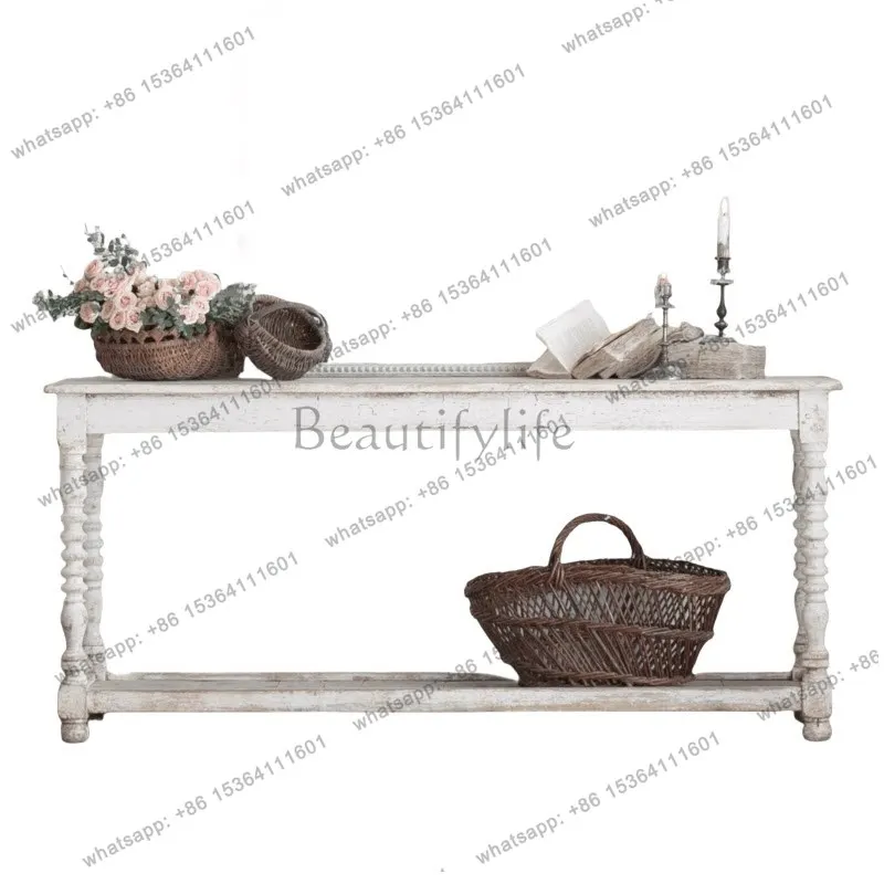 French retro old solid wood porch entrance hall decoration table Roman column table