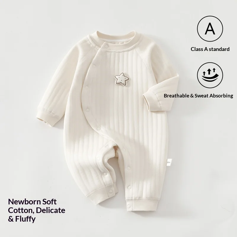 Baby Side-Snap Quilted Jumpsuit, Thick Warm Long-Sleeve Romper, Cozy Winter Sleepwear for Newborns
