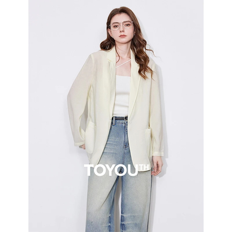 TOYOUTH Women Blazer 2025 Spring New Jacquard Pattern OL Style Turn Down Collar Lightweight Shirt Jacket