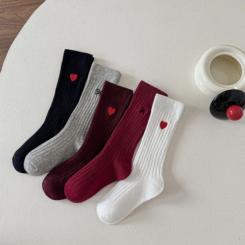 2Pairs/Lot Girls' Socks Spring and Autumn Red Series Long Socks Girls' Embroidered Bow Calf Socks