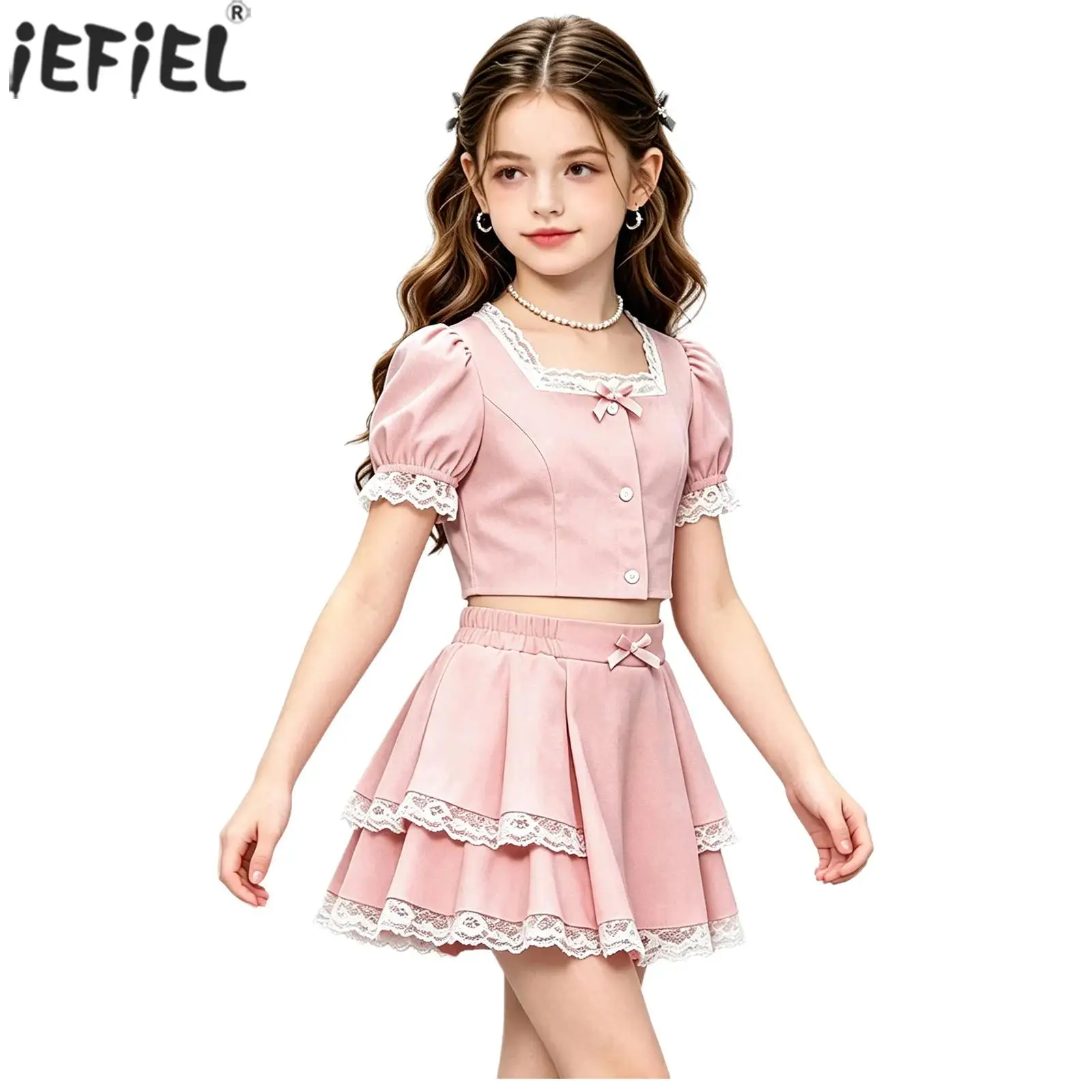 Kids Girls Bowknot Lace Trim Clothes Outfit Short Sleeves Button Crop Top with Ruffled Layered Skirt for Birthday Party Vacation
