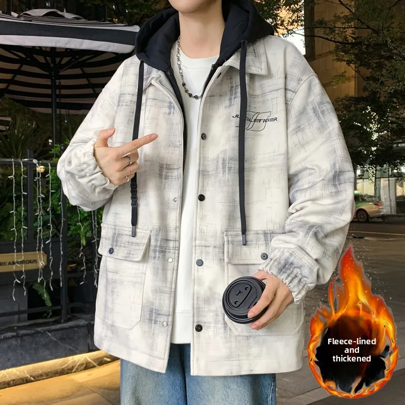 

2025 New Autumn Winter Hooded Jaet Thiened Fce Men's Student Faionable Cool Trendy Outerwear Long Sve Polyester