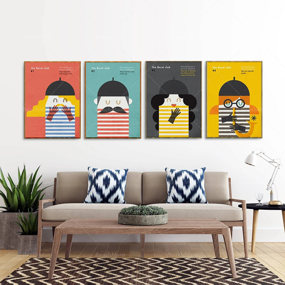 Illustrated poster, minimalist geometric character print wall art, colorful and cheerful graphic design home decor