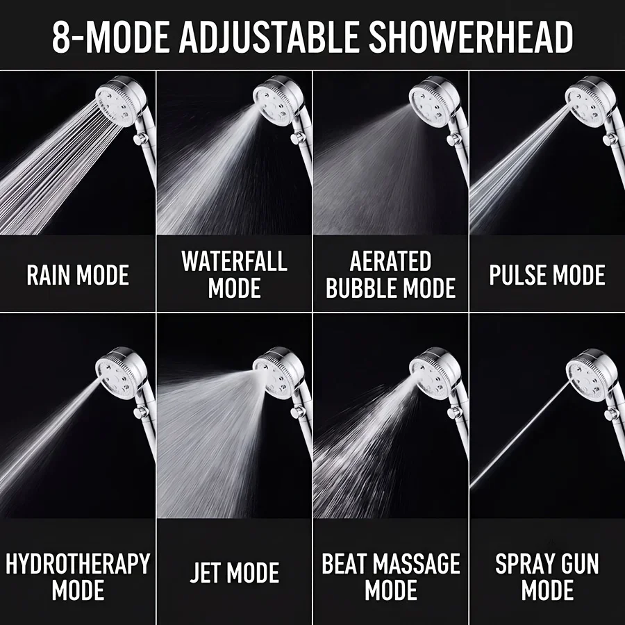 Yalandeng eight-position turbocharged handheld shower head, universal for household use and adjustable water flow shower faucet