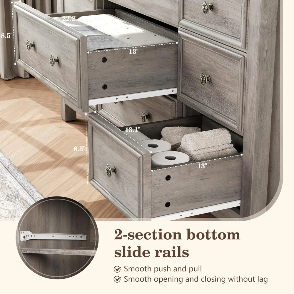 خزانة ذات 9 أدراج، خزانة كبيرة مقاس 57 بوصة لغرفة النوم، خزانة ذات أدراج خشبية بمقبض معدني، حامل تلفزيون لتلفزيون 70 بوصة