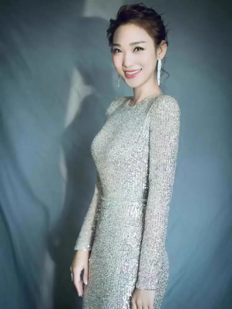 

Silver Long Sve Sequin Evening Dr Slimming Fi Tail Gown for Par Wedding Performance Faionable mid Waist Long Dr