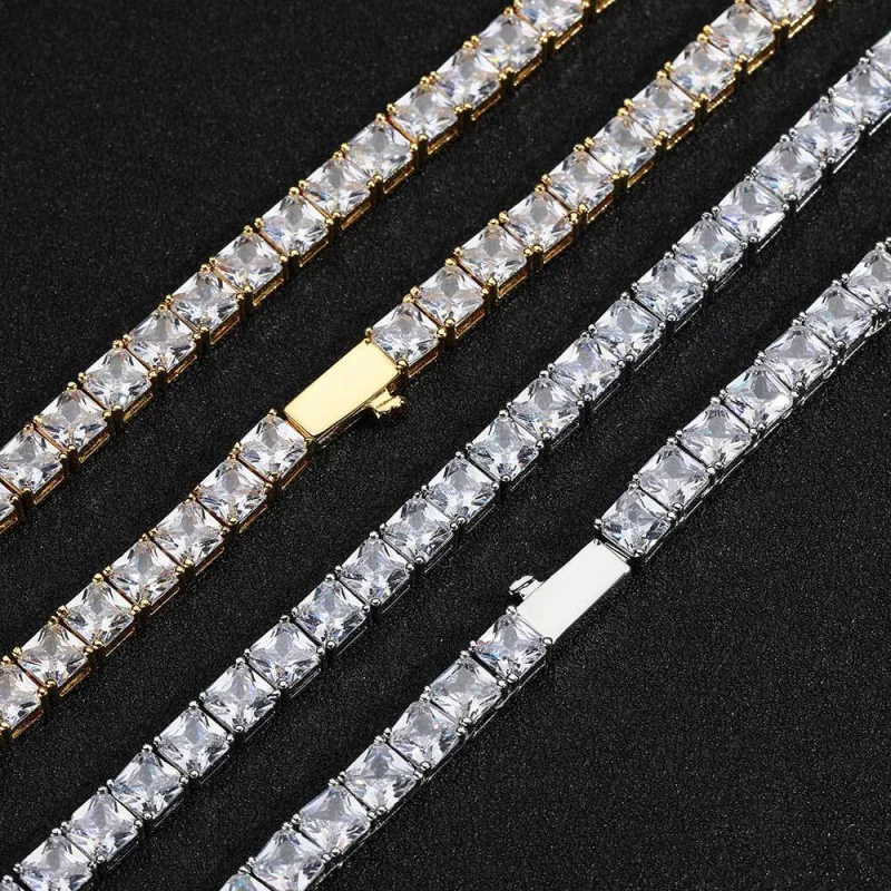 European hip hop5.5mmSpring Fastener Square Zircon Tennis Necklace Ornament Advanced Men's Bracelet