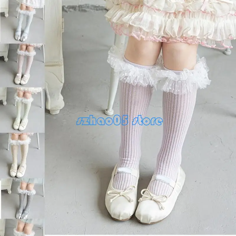 

85LE Classical Sweet Inspired Cotton Stockings Girls 3-13 Years Children's Knee length Socks for Elegant Wedding Accessories