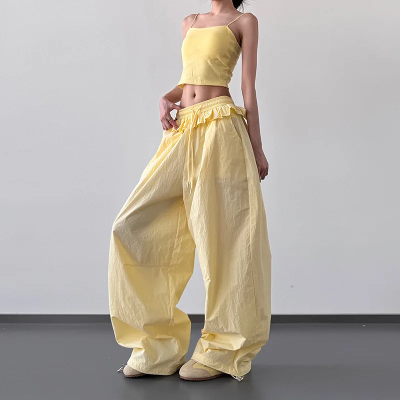 2025 Summer Korean Chic Style Super Hot Wide Leg Pants Women's Cool Fake Two Loose Tall Unique Casual Pants