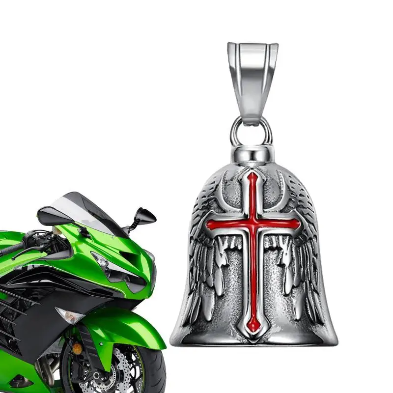 Biker Bell Pendant Engraved Red Cross Wings Motorcycle Bell Punk Guardian Bell Necklace Pendant For Men Lucky Amulet Jewelry