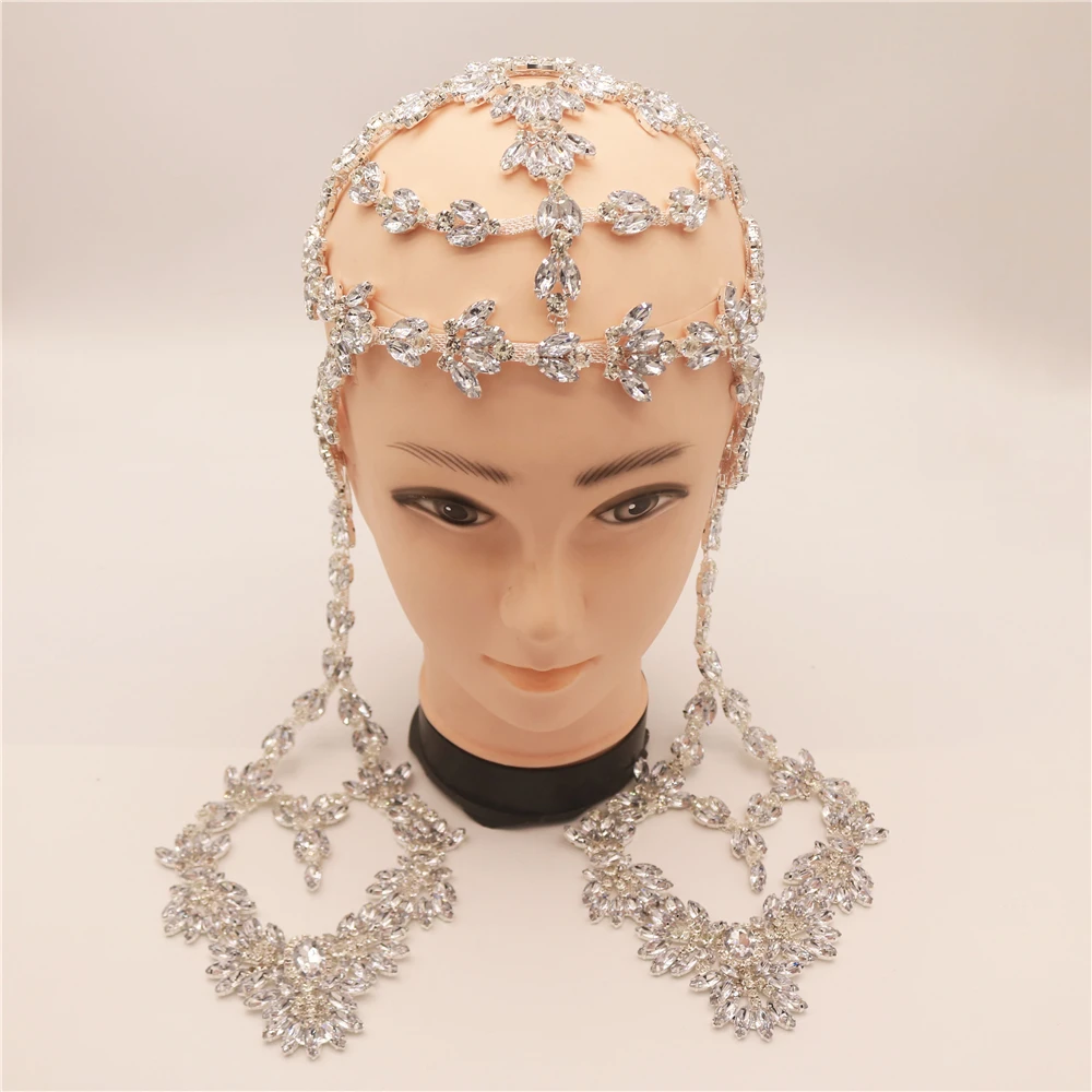 High-Quality New Rhinestone Long Flower-shaped Headdress Hair Band Pendant Long Earrings Bridal Wedding Luxury Head Accessories