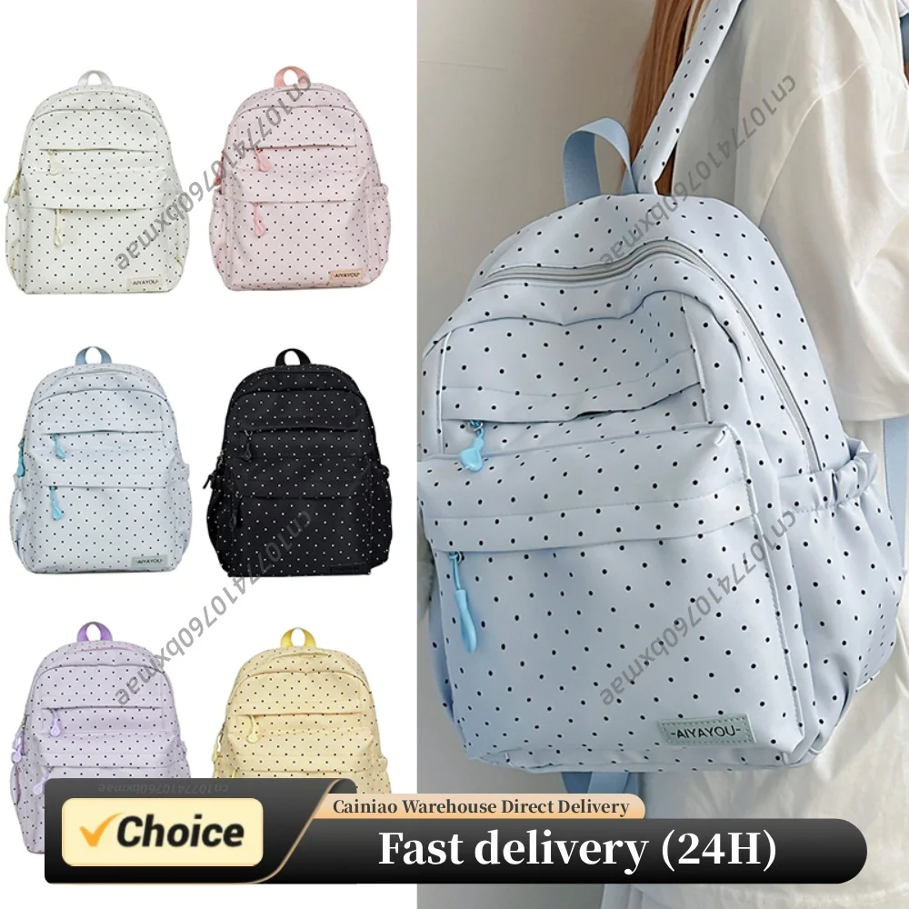 Cute Polka Dot Aesthetic Backpack Waterproof Casual Daypack Lightweight Bookbag for Female Elementary & Middle Students