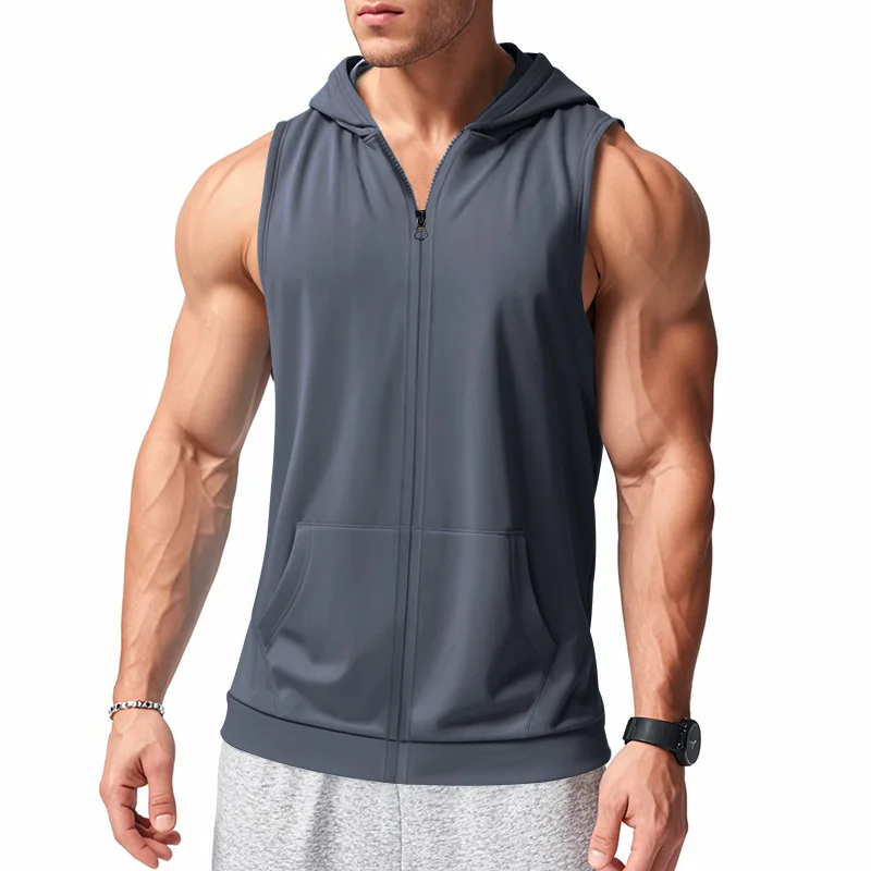 American Summer Neue Kapuzenweste für Herren, Sport, Fitness, Training, Reißverschluss, Strickjacke, ärmellose Weste – Detail 23