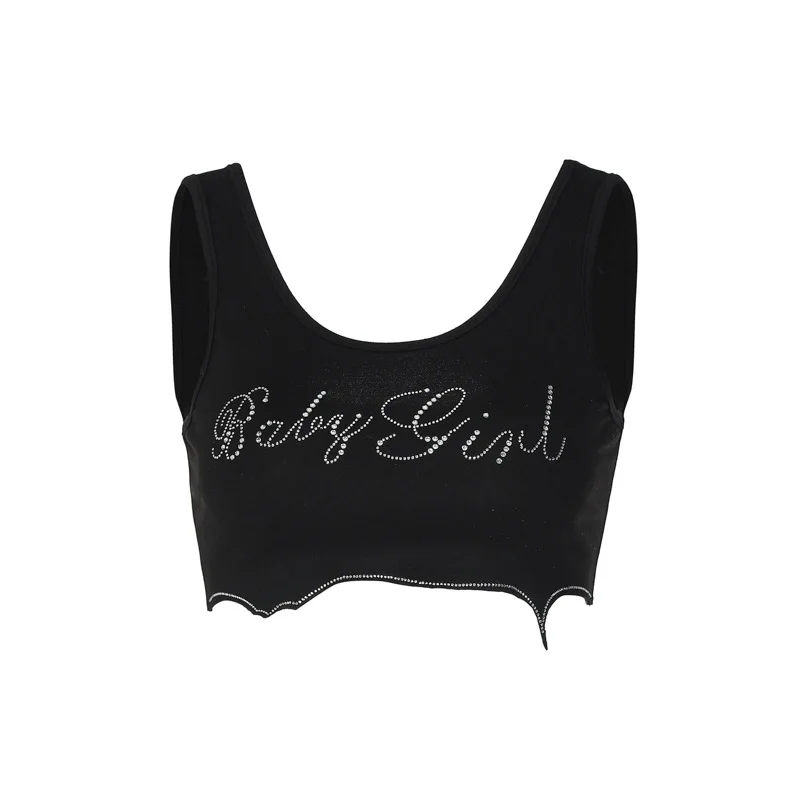 Europe and the United States Y2K top ladies\' fashion style new spice girl letter rhinestone wavy irregular navel slim bottoming
