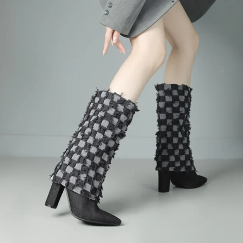 Denim Blue White Check Boots Fringe Distress Pointy Toe Slip on Patchwork Shoes Women's Fashion Sexy Runway Unique Design Boots