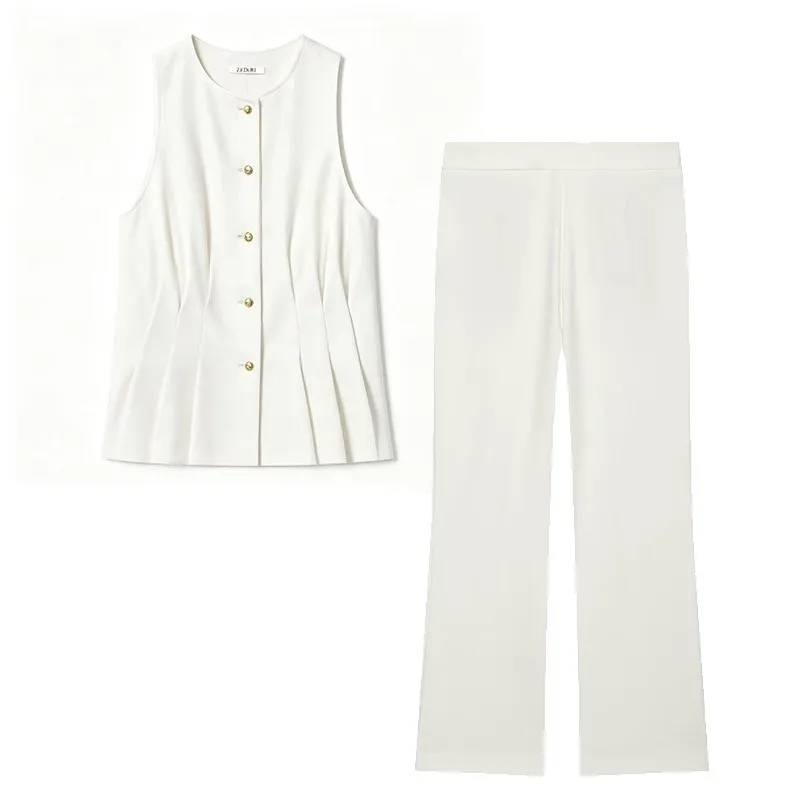 Women's Pants Set 2 Piece New 2026 Summer O-Neck Button Waistcoat Low-Rise Mini Flare Trousers 2 Pieces Set Female Outfit