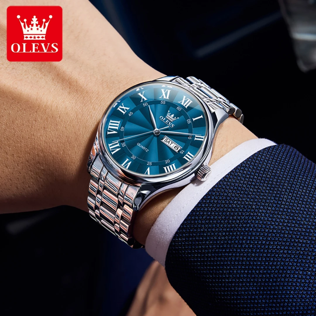 ساعة OLEVS 3663 كوارتز عصرية هدية دائرية الشكل من الفولاذ المقاوم للصدأ وحزام ساعة يد وتقويم عرض الأسبوع